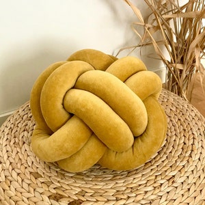 Mustard  Yellow Ball Knot Cushion, Scandinavian Knot pillow “Ember”, Large Reversible Knot Pillow 2in1