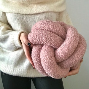 Pink bouclé ball Pillow, Decorative knot cushion for minimalist Interior