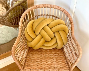 Mustard yellow knot cushion, Scandinavian minimalist design Reversible knot pillow 2in1