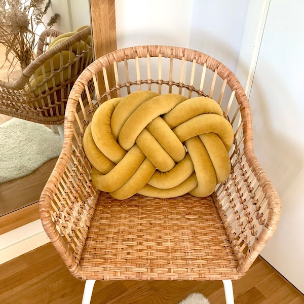 Mustard yellow knot cushion, Scandinavian Knot pillow “Ember” 2in1, Large Reversible Knot Pillow, Housewarming gift