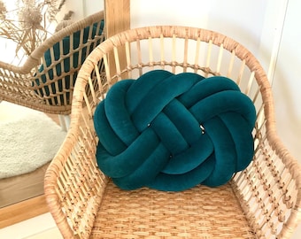 Decorative Teal Knot Cushion, Scandinavian Reversible Knot pillow “Ember” 2in1