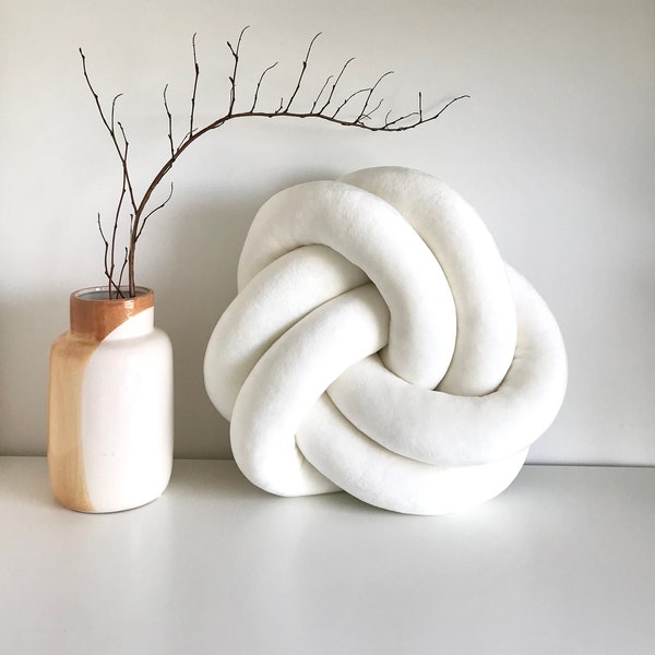 White velvet pillow, Flat knot cushion in Swirl shape, Original Swedish design, Love knot decor, Housewarming gift