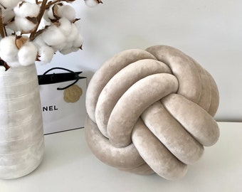 Large velvet knot pillow, Luxury knot cushion , Decorative round pillow in neutral colours