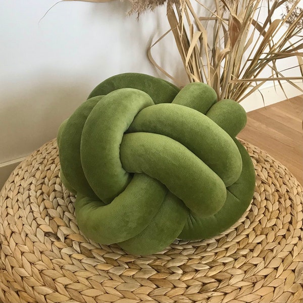 Olive green Knot Cushion, Scandinavian Knot pillow “Ember”, Large Reversible Knot Pillow 2in1