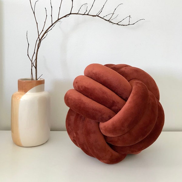 Terracotta  knot pillow, Large velvet knot cushion, Decorative ball pillow