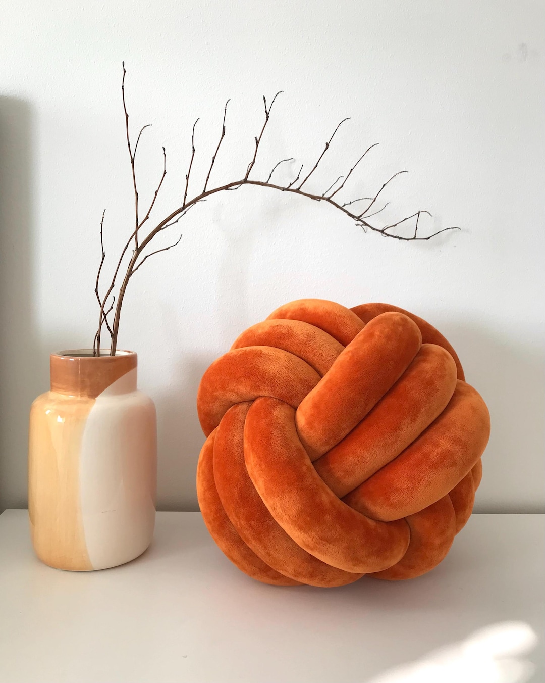 Orange Velvet Knot Pillow, Large Knot Cushion, Decorative Ball