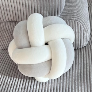 Grey & White Knot Pillow - Handmade Cotton Velour, Nursery Decor