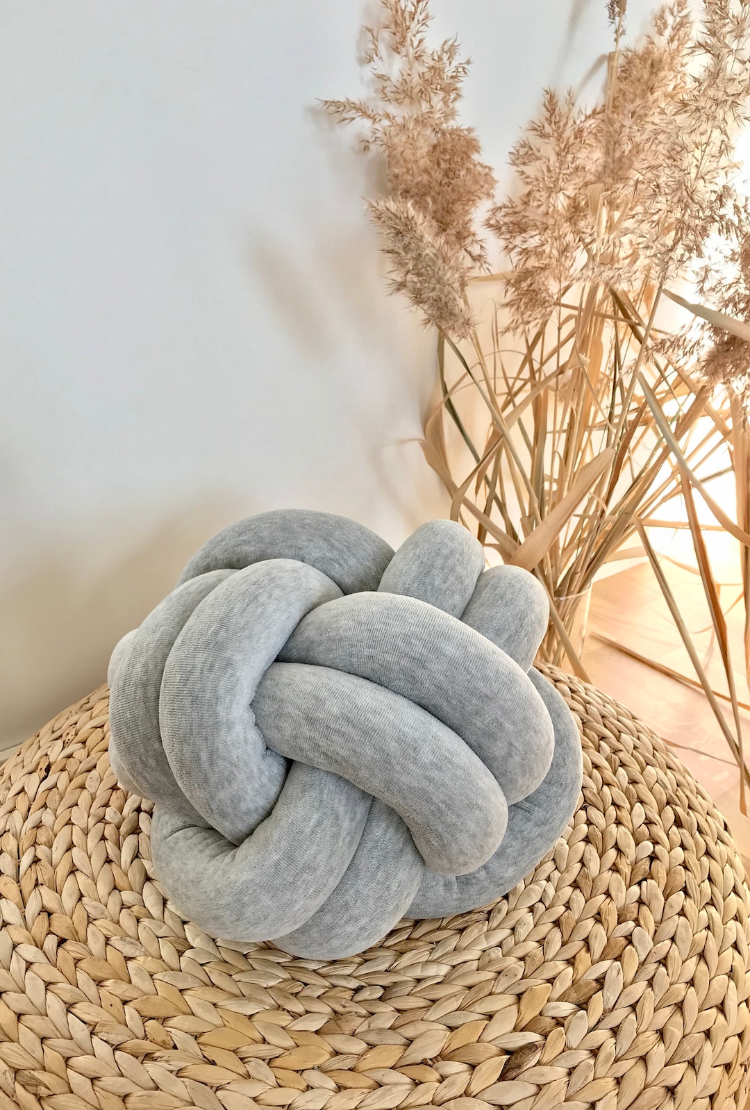 Light Grey Ball Knot Cushion, Scandinavian Reversible Knot Pillow