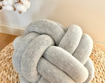 Light Grey Ball Knot Cushion, Scandinavian Reversible Knot Pillow