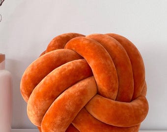Orange Velvet Knot Pillow, Large Knot Cushion, Decorative Ball