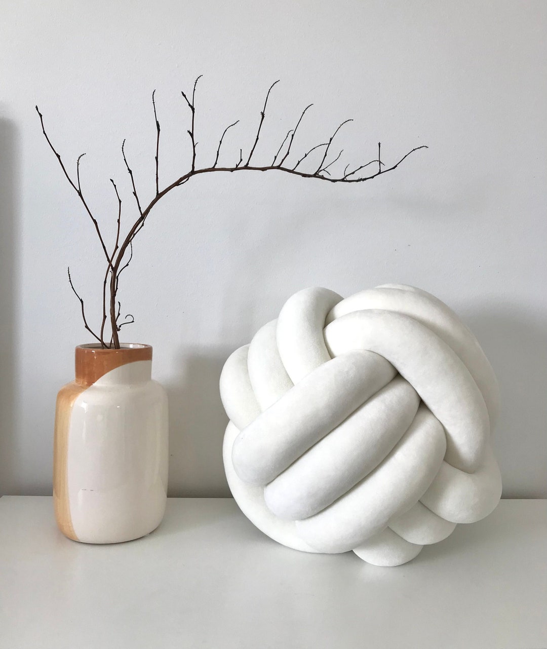 White Velvet Knot Pillow, Large Knot Cushion, Decorative Ball