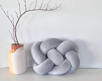 Light Grey Velvet Infinity Knot Pillow, Handmade Cozy Cushion