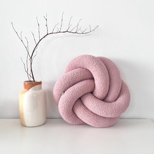 Pink bouclé knot pillow, Decorative Textured Round Cushion, Scandinavian style kids room decor