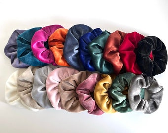 Può includere: Una collezione di 18 scrunchies in velluto di vari colori, tra cui nero, bianco, grigio, rosa, rosso, blu, verde e giallo. Gli scrunchies sono disposti a semicerchio su uno sfondo bianco.