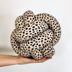 Beige Knot Pillow with Black Dots – Decorative Round Ball Pillow, Cute Accent Cushion, Housewarming Gift