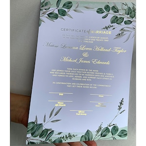 Luxus folierte Hochzeitsurkunde | Hochzeit | Ehe | grünes Blumenmuster | Halter | Zertifikat | Blätter | Eukalyptus | Hochzeitsvertrag