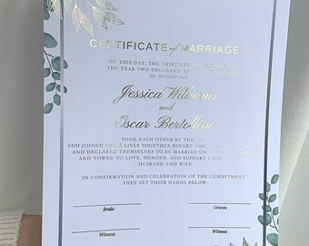 Luxus folierte Hochzeitsurkunde | Hochzeit | Ehe | grünes Blumenmuster | Halter | Zertifikat | Blätter | Eukalyptus | Hochzeitsvertrag