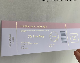 Gift vouchers, Valentines day, valentines gift, Personalised concert Tickets, boarding pass, plane tickets, anniversary Metallic foil, gifts