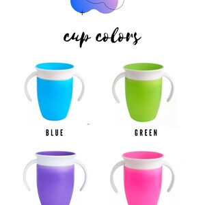 Puede incluir: Imagen que muestra cuatro vasos de entrenamiento coloridos: azul, verde, morado y rosa. Cada vaso tiene un borde y asas blancos. El texto "cup colors" se muestra encima de los vasos, con el logotipo de la marca "stickers n co." en la parte superior.
