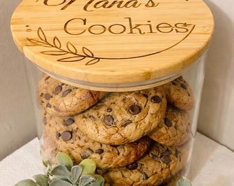 Personalized Glass Cookie Jar – Cocoa or Coffee — Engraved Bamboo Lid, Farmhouse Kitchen Storage