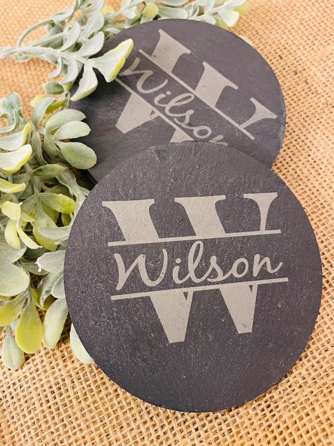 Personalized Circle Slate Coaster With Monogram & Last Name • Custom ...