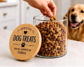 Personalized Engraved Dog Treat Jar with Bamboo Lid, Pet Treat Storage Gift