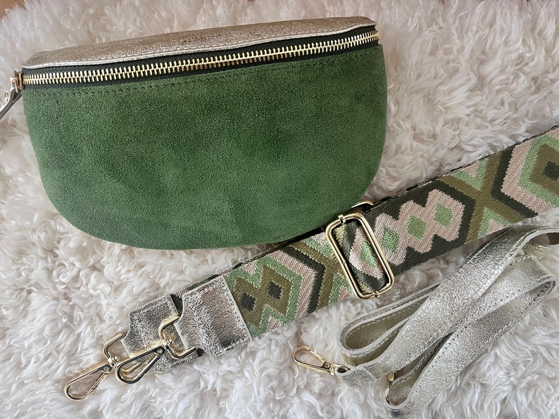 Sac Banane 100% cuir irisé et cuir nubuck deux bandoulières réglables Olive TM