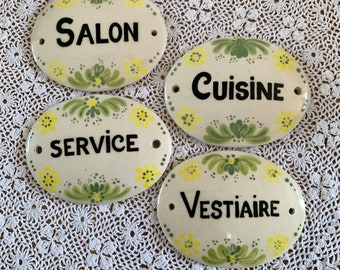 Vintage Lot de 4 plaques de porte en céramique, cuisine, salon, vestiaire, service