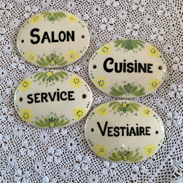 Vintage Lot de 4 plaques de porte en céramique, cuisine, salon, vestiaire, service