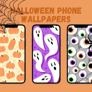 Può includere: Tre sfondi per telefono di Halloween. Il primo sfondo presenta un motivo di zucche arancioni su uno sfondo giallo. Il secondo sfondo presenta un motivo di fantasmi bianchi su uno sfondo viola. Il terzo sfondo presenta un motivo di occhi colorati su uno sfondo grigio.