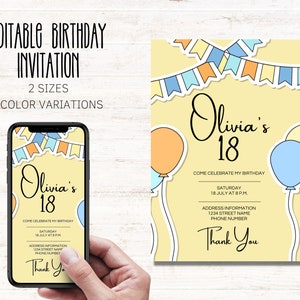 Invitation d’anniversaire modifiable, carte colorée imprimable, modèle de célébration téléchargeable instantanément en deux tailles
