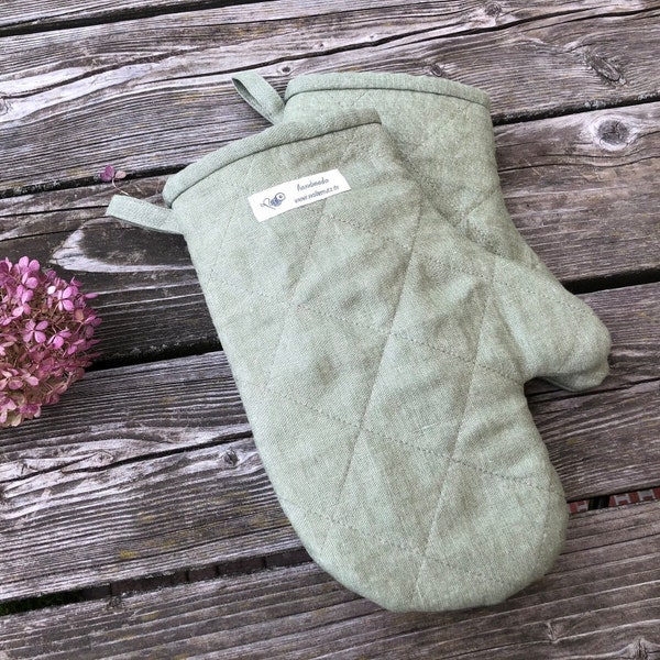 Oven glove pot holders made of linen (1 set of each) with heat-insulated padding
