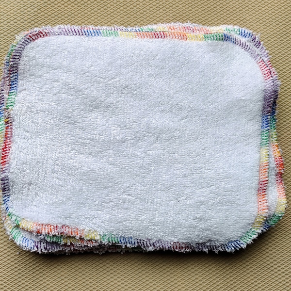 Naked Bamboo Wipes - choice of white or rainbow stitching, single layer bamboo terry wipes, packs of 3, 5 or 10 reusable baby wipes