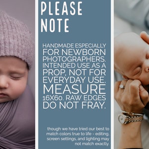May include: A close-up of a newborn baby wrapped in a purple swaddle, sleeping peacefully. The image includes text that reads "PLEASE NOTE HANDMADE ESPECIALLY FOR NEWBORN PHOTOGRAPHERS. INTENDED USE AS A PROP, NOT FOR EVERYDAY USE. MEASURE 16X60. RAW EDGES DO NOT FRAY. though we have tried our best to match colors true to life - editing. screen settings, and lighting may not match exactly."