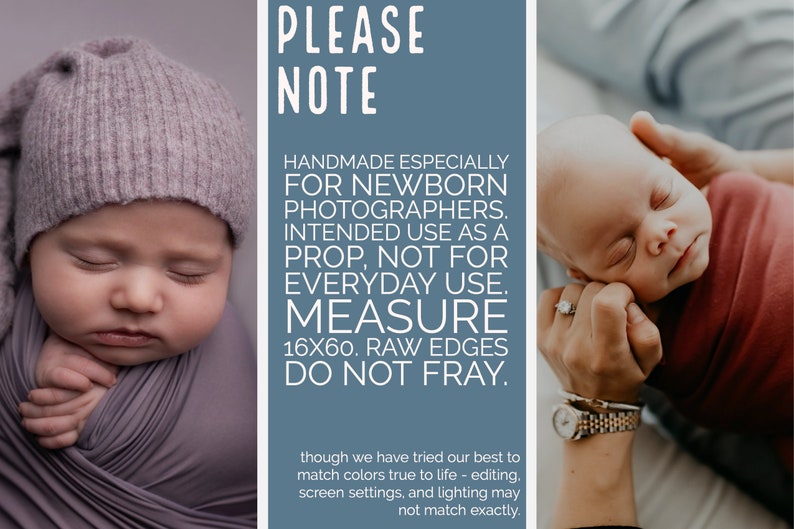 May include: A close-up of a newborn baby wrapped in a purple swaddle, sleeping peacefully. The image includes text that reads "PLEASE NOTE HANDMADE ESPECIALLY FOR NEWBORN PHOTOGRAPHERS. INTENDED USE AS A PROP, NOT FOR EVERYDAY USE. MEASURE 16X60. RAW EDGES DO NOT FRAY. though we have tried our best to match colors true to life - editing. screen settings, and lighting may not match exactly."