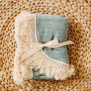 Boho Muslin Swaddle Blanket: Dusty Blue Cotton Gauze with Fringe