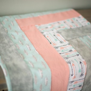 Arrows & Feathers Double Sided Flannel Baby Blanket - Handmade Striped Reversible Peach, Mint, and Grey