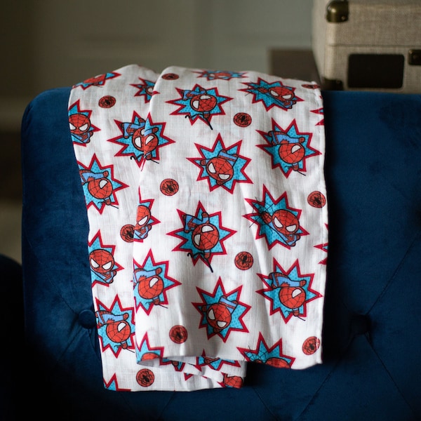 Muslin Swaddle Blanket, Spiderman, Baby Receiving Blanket, Cotton Gauze Swaddle Blanket, Soft Lightweight Cotton