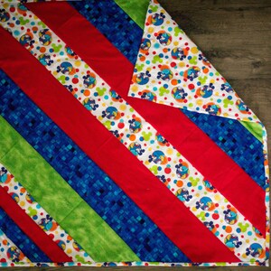 Mickey Double Sided Flannel Baby Blanket - Handmade Striped Reversible Red, Blue, & Green