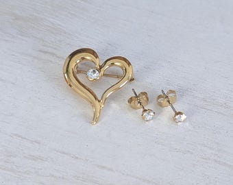 Avon Rhinestone Heart pin and pierced earring set, Avon 1996 Vintage Jewelry Gift Set, Heart Pin and Earrings, Goldtone Heart Brooch