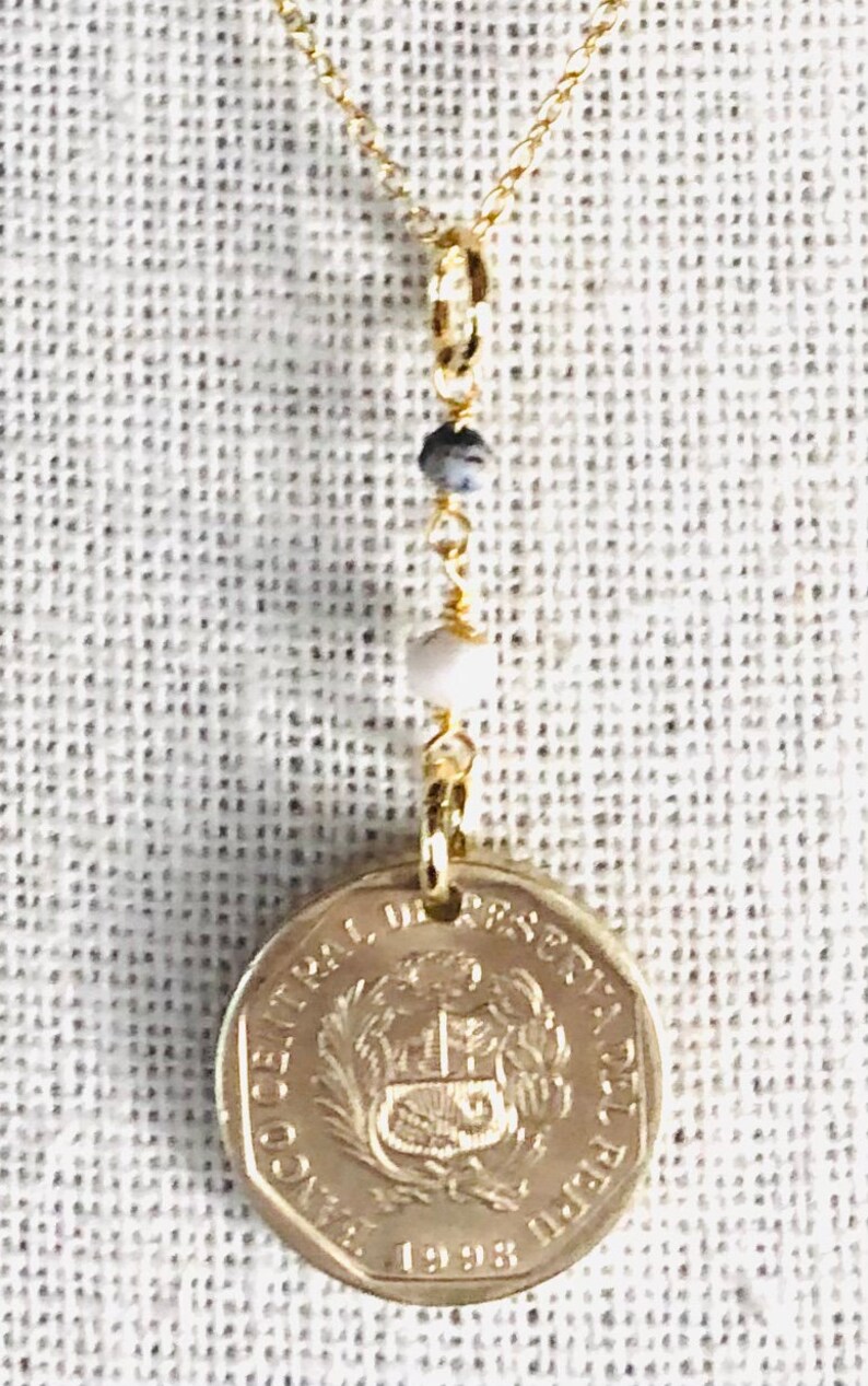 National Arms. 1998 Peru 5 Centimos with Dendrite Opal on 16\u201d 14K Gold Plated Sterling Silver Necklace