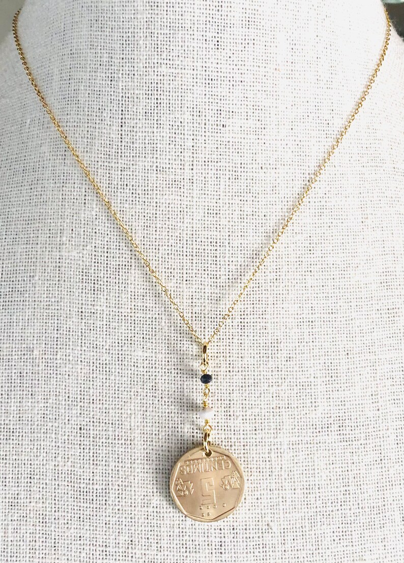 National Arms. 1998 Peru 5 Centimos with Dendrite Opal on 16\u201d 14K Gold Plated Sterling Silver Necklace