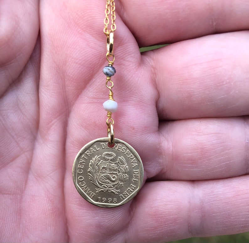 National Arms. 1998 Peru 5 Centimos with Dendrite Opal on 16\u201d 14K Gold Plated Sterling Silver Necklace