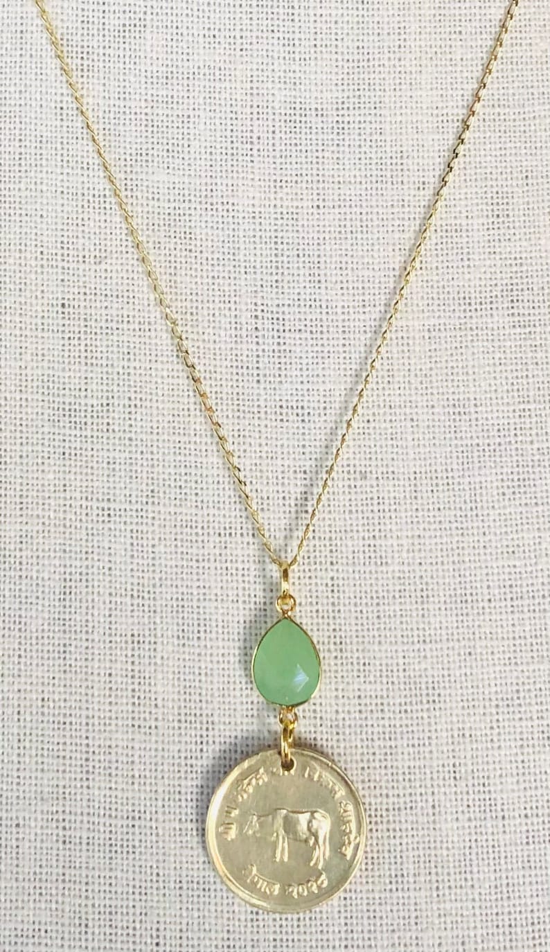 Vintage 1971 Nepal 10 Paisa Coin with Green Chalcedony on 20\u201d 14K Gold Plated Sterling Silver Necklace A Cow.