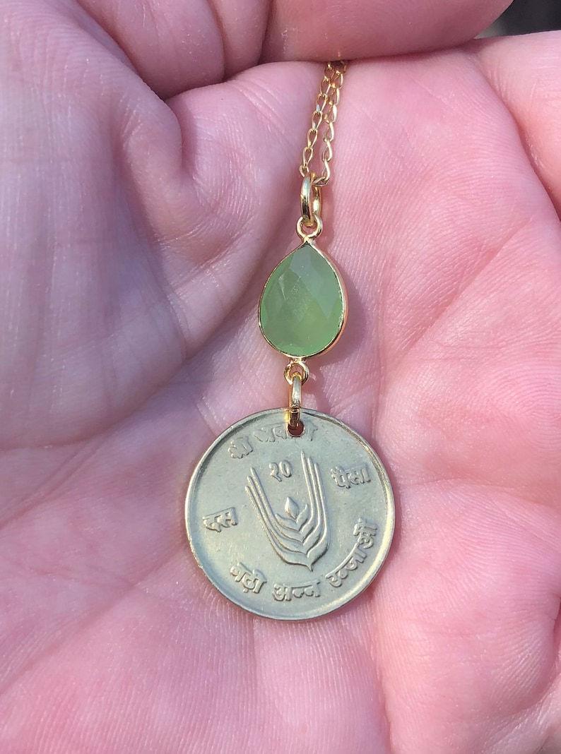 Vintage 1971 Nepal 10 Paisa Coin with Green Chalcedony on 20\u201d 14K Gold Plated Sterling Silver Necklace A Cow.