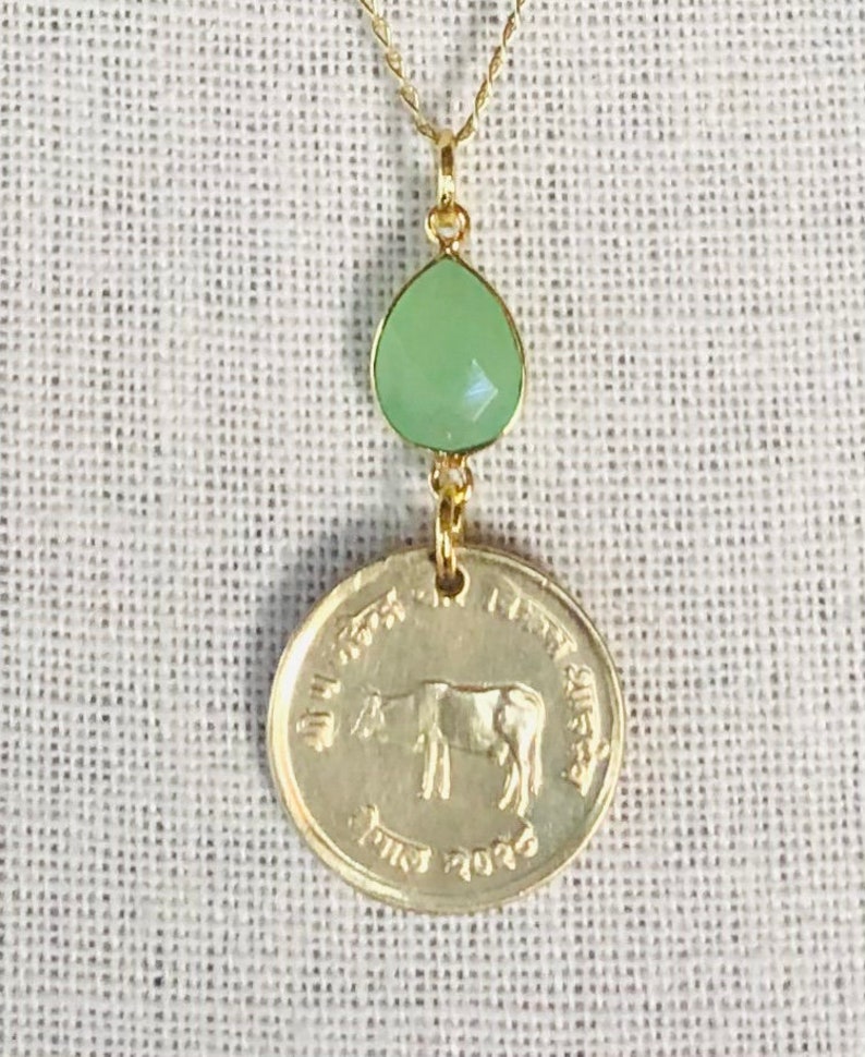 Vintage 1971 Nepal 10 Paisa Coin with Green Chalcedony on 20\u201d 14K Gold Plated Sterling Silver Necklace A Cow.
