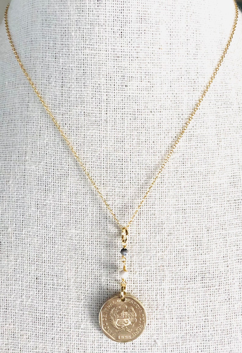 National Arms. 1998 Peru 5 Centimos with Dendrite Opal on 16\u201d 14K Gold Plated Sterling Silver Necklace