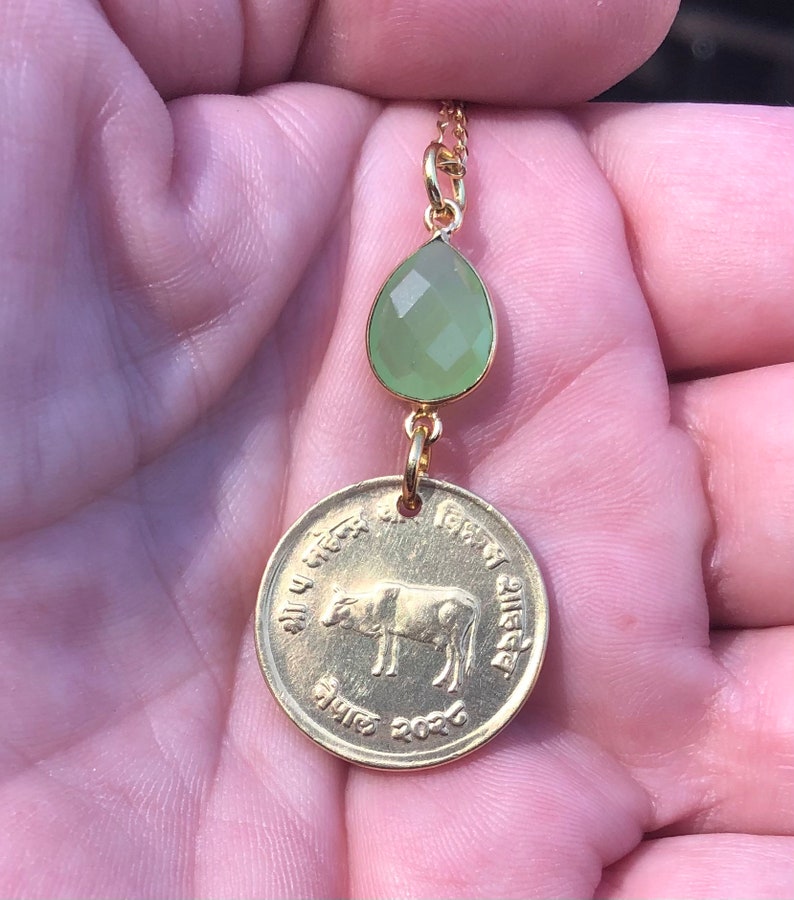 Vintage 1971 Nepal 10 Paisa Coin with Green Chalcedony on 20\u201d 14K Gold Plated Sterling Silver Necklace A Cow.