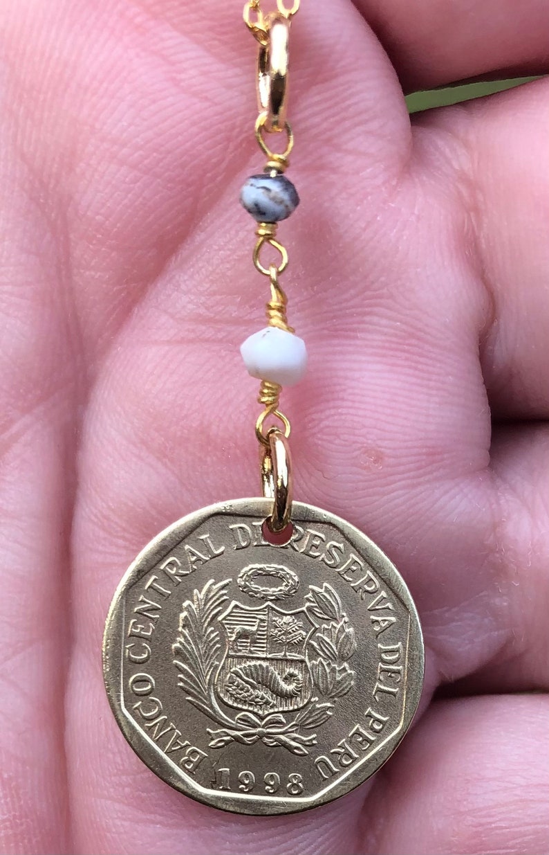 National Arms. 1998 Peru 5 Centimos with Dendrite Opal on 16\u201d 14K Gold Plated Sterling Silver Necklace