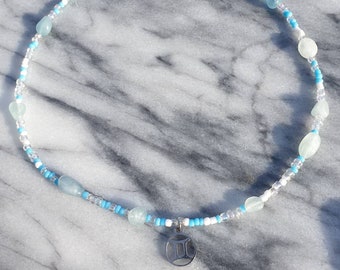 Zodiac Necklace with Aquamarine and Glass Beads - Gemini